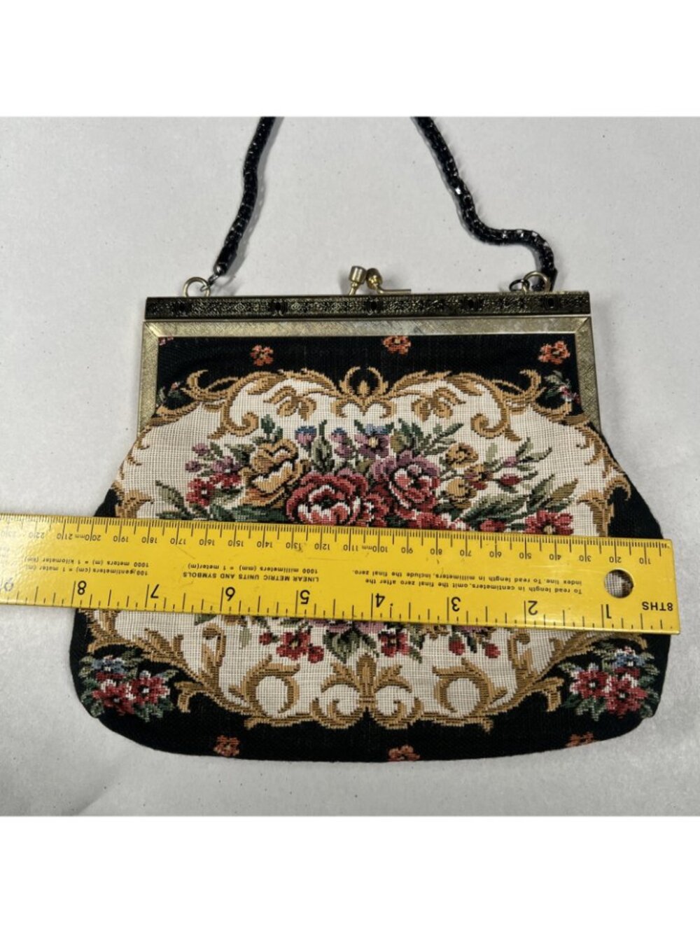 Vintage Floral Needlepoint Tapestry Evening Bag Black Chain Purse AS IS - Picture 10 of 13